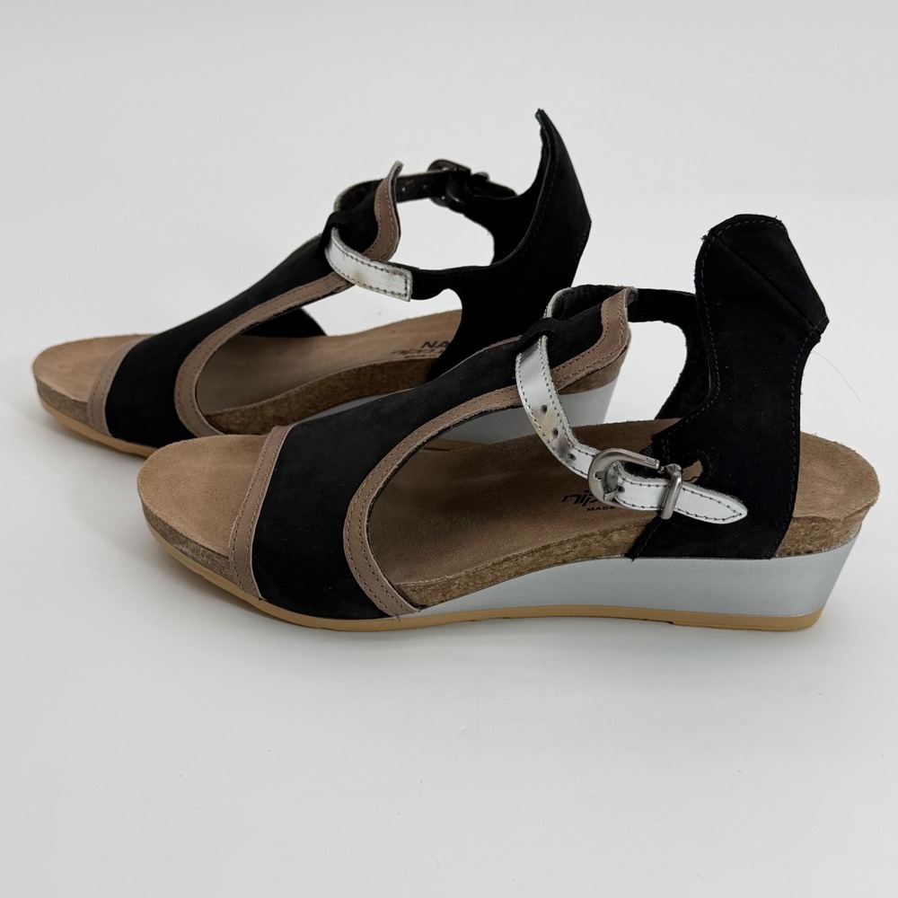 Naot Fiona Wedge Sandals 38 Black Suede Leather Comfort Shoes Womens 7 Brand New